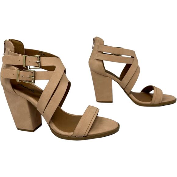 Qupid Strappy Block Heel Sandal 7.5 Nude Tan Crossover Ankle Strap Chunky Boho - Picture 1 of 12